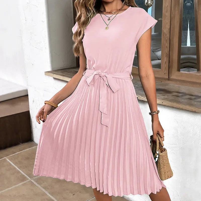 Summer Pleated Short-sleeved Dress INS Fashion Waist-tied Beach Dresse Women's Clothing Michan Direct