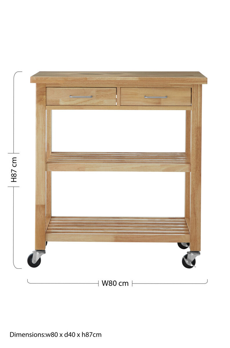 Harlow Natural Tropical Hevea Wood 2 Drawer Kitchen Trolley