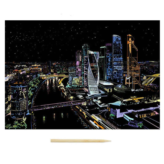 City skyline at night with illuminated buildings and a river.