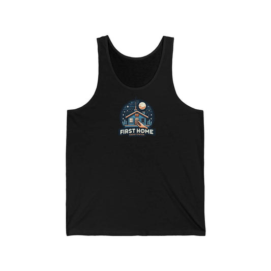 Cozy Unisex Tank Top with 'First Home Radio' Design, Summer Beachwear, Housewarming Gift, Casual Summer Top, Perfect for New Homeowners Printify