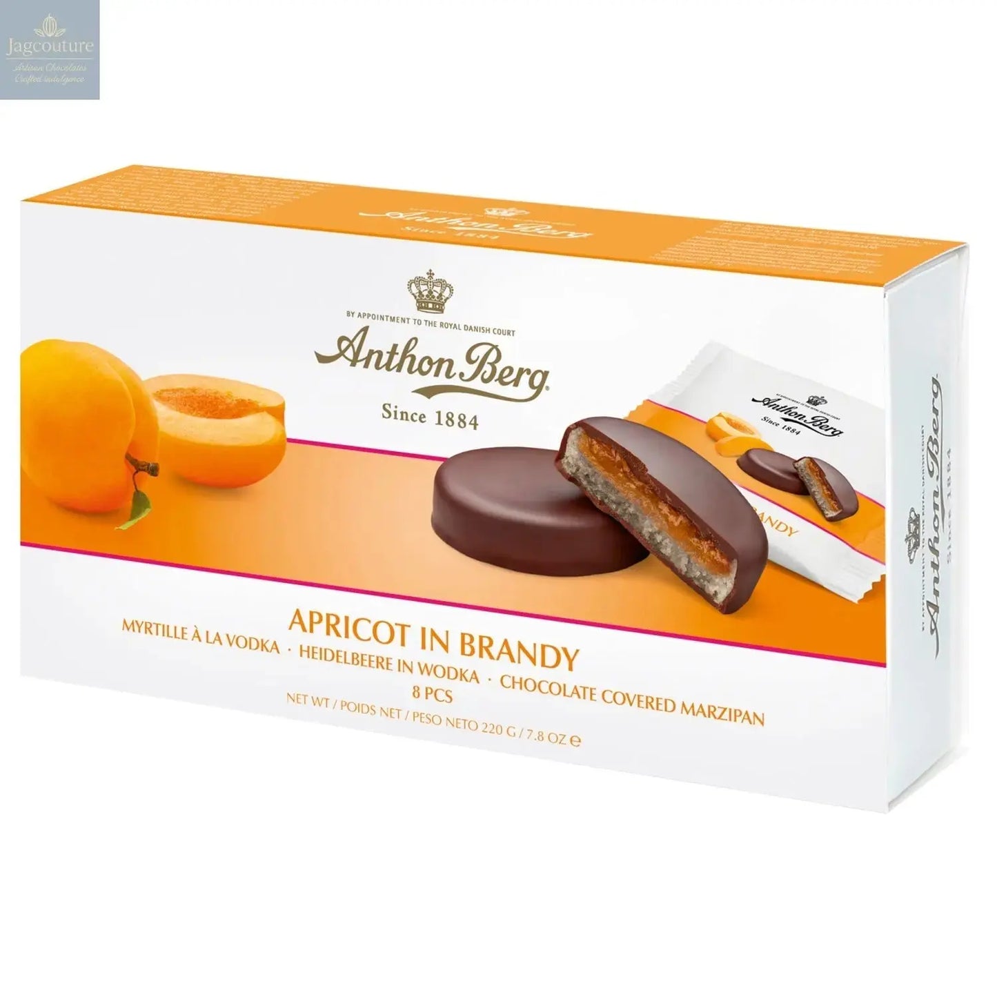 Anthon Berg apricot in brandy marzipan in dark chocolate Jag Couture Chocolates