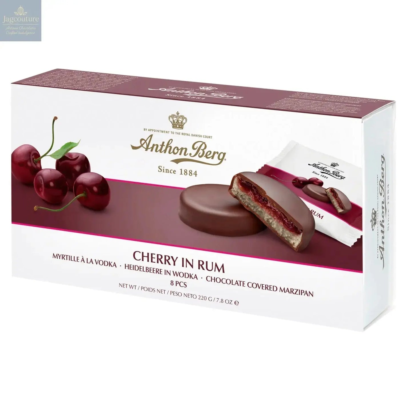 Anthon Berg cherry in rum marzipan in dark chocolate Jag Couture Chocolates