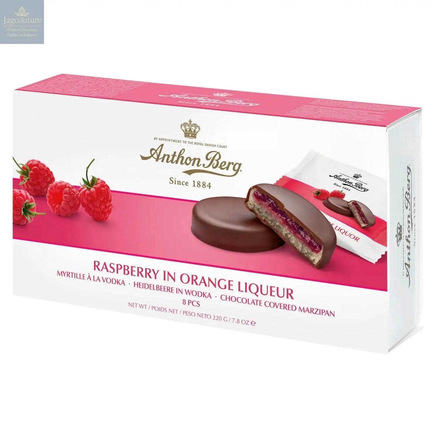 Anthon Berg raspberry in orange liqueur marzipan in dark chocolate Jag Couture Chocolates