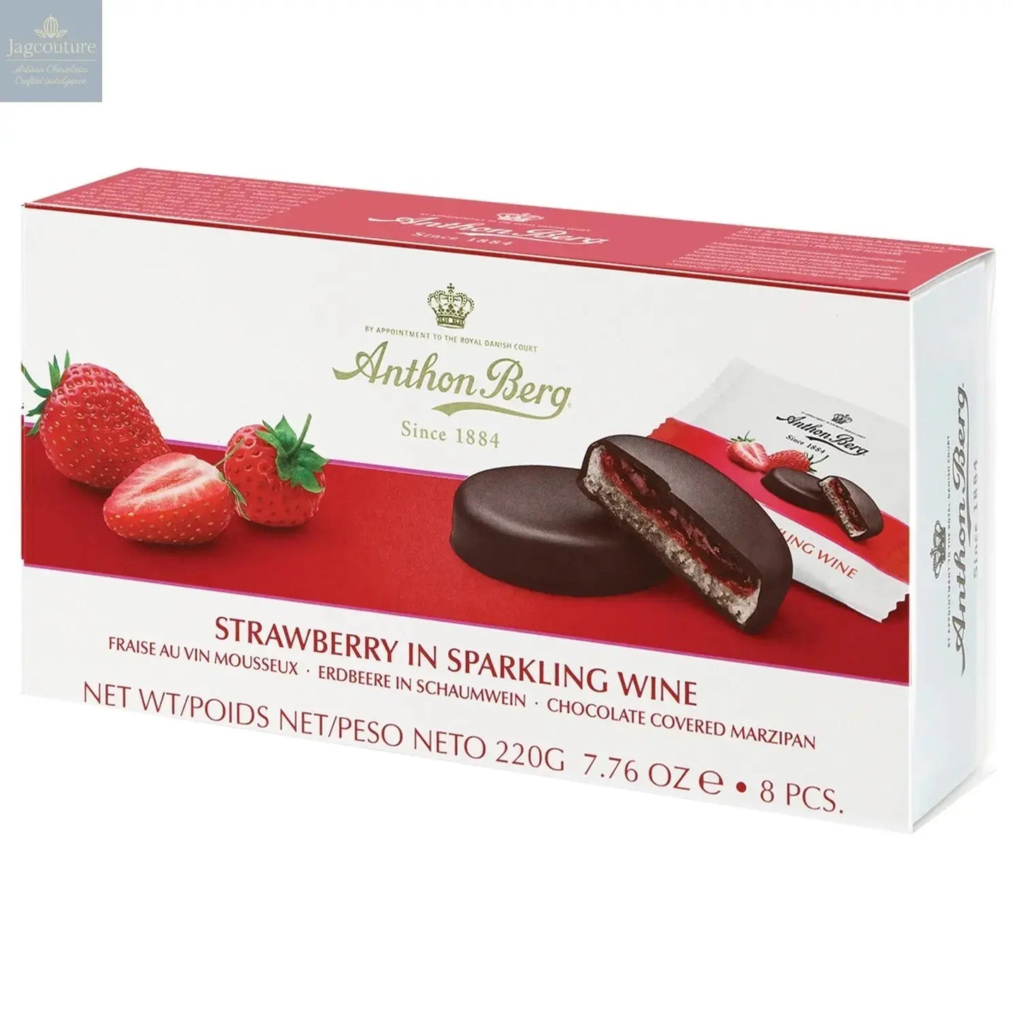 Anthon Berg strawberry in sparkling wine marzipan in dark chocolate Jag Couture Chocolates