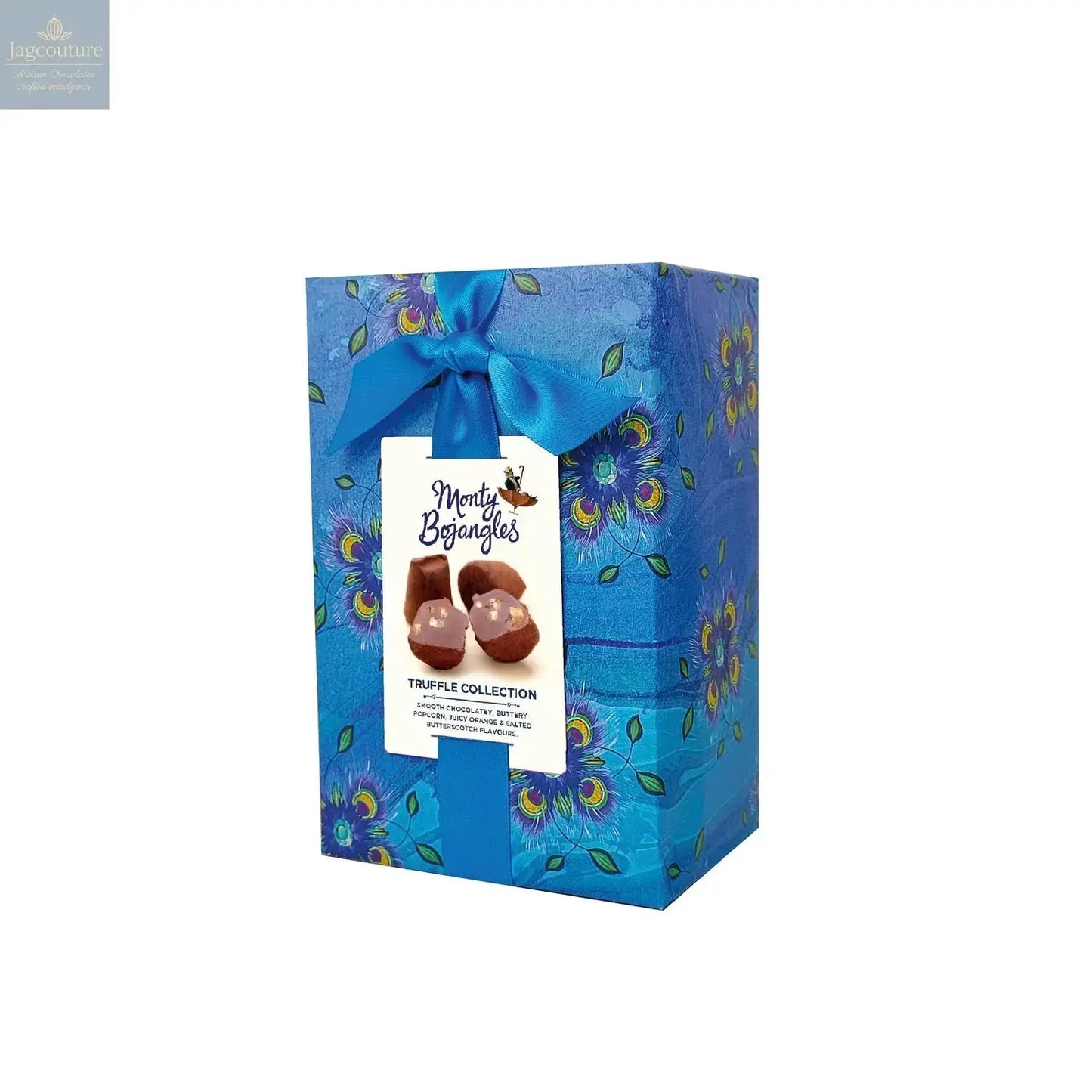 Blue gift wrapped carton of assorted cocoa dusted truffles Jag Couture Chocolates
