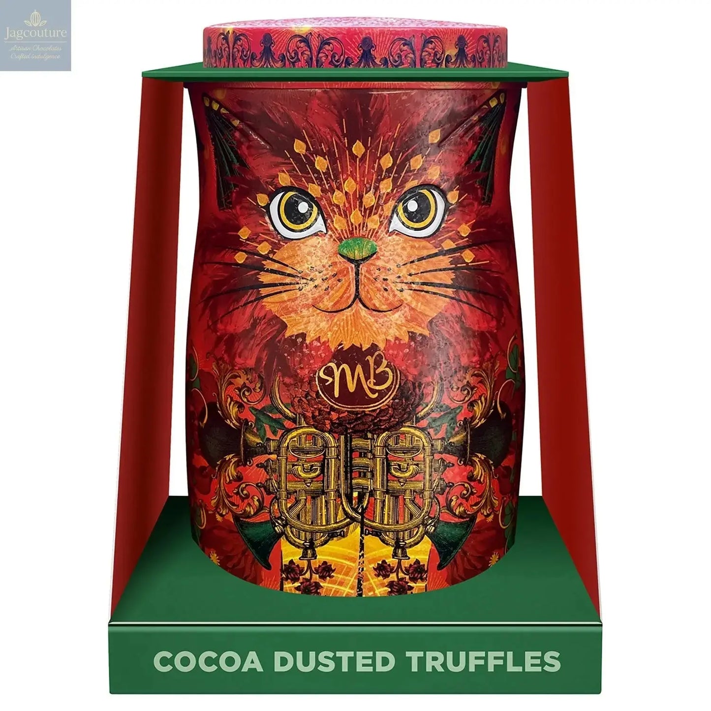 Fire Dancer orange cat tin of Angelical orange flavour cocoa dusted truffles Jag Couture Chocolates