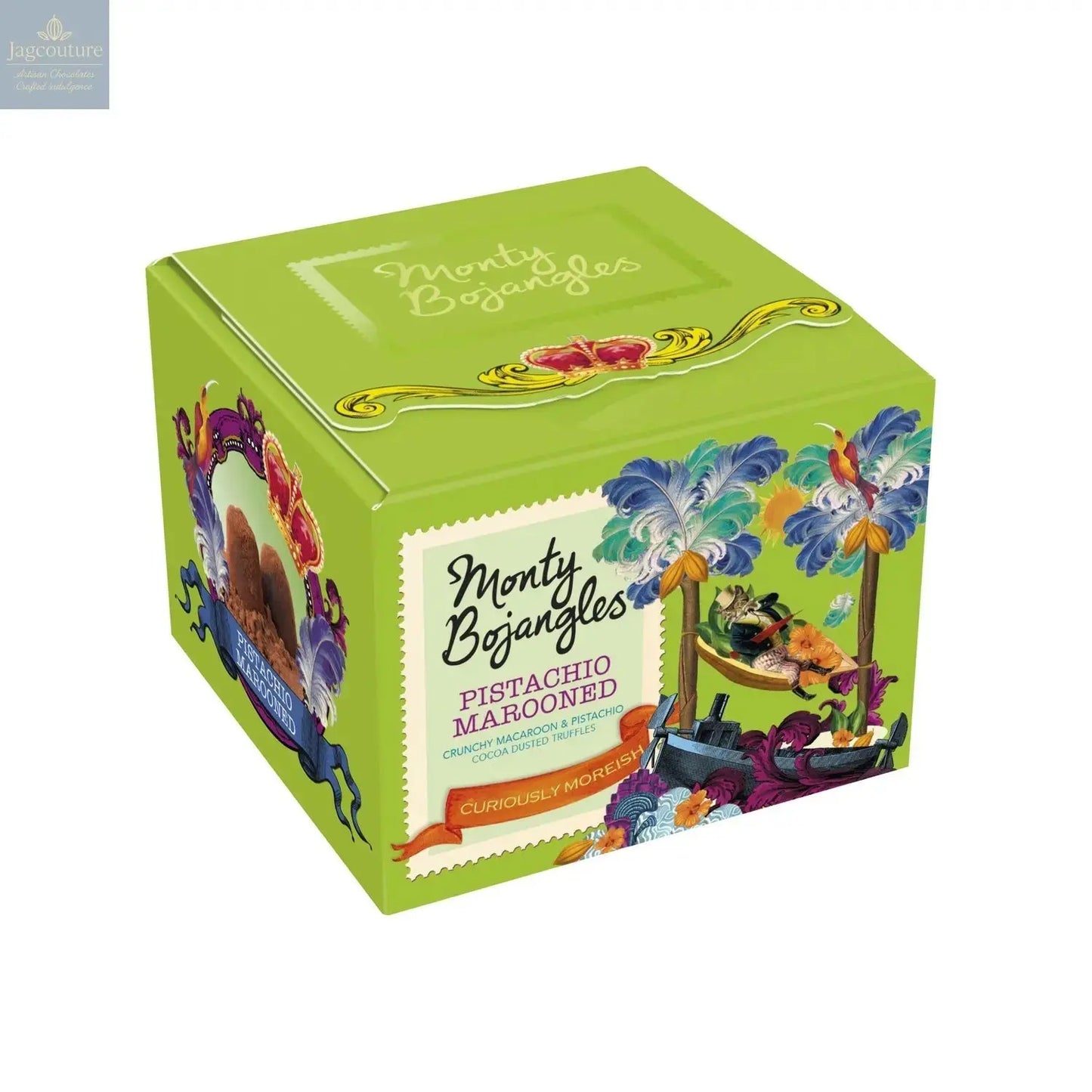 Pistachio Marooned gift box of pistachio flavoured cocoa dusted truffles with macaron drops Jag Couture Chocolates