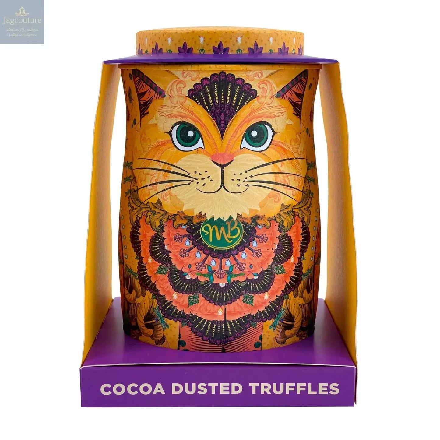 Savanna gold cat tin of Flutter Scotch flavoured cocoa dusted truffles with butterscotch chips Jag Couture Chocolates