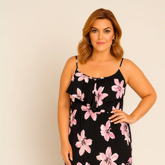 Lilac Floral Print V Frilled Top Maxi Dress rockthosecurves