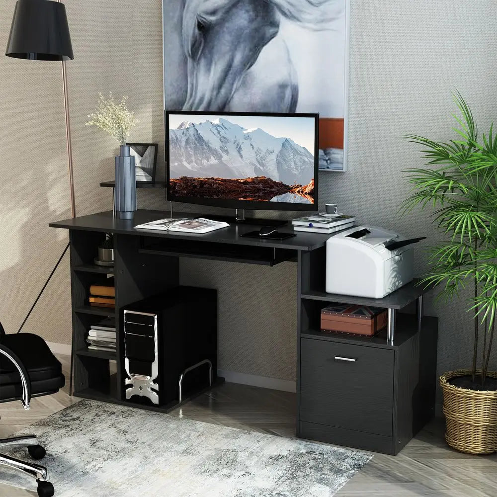 HOMCOM Computer Desk PC Workstation with Drawer Shelves CPU Storage Rack Home Office Furniture 152 x 60 x 88cm (BLACK) InStock