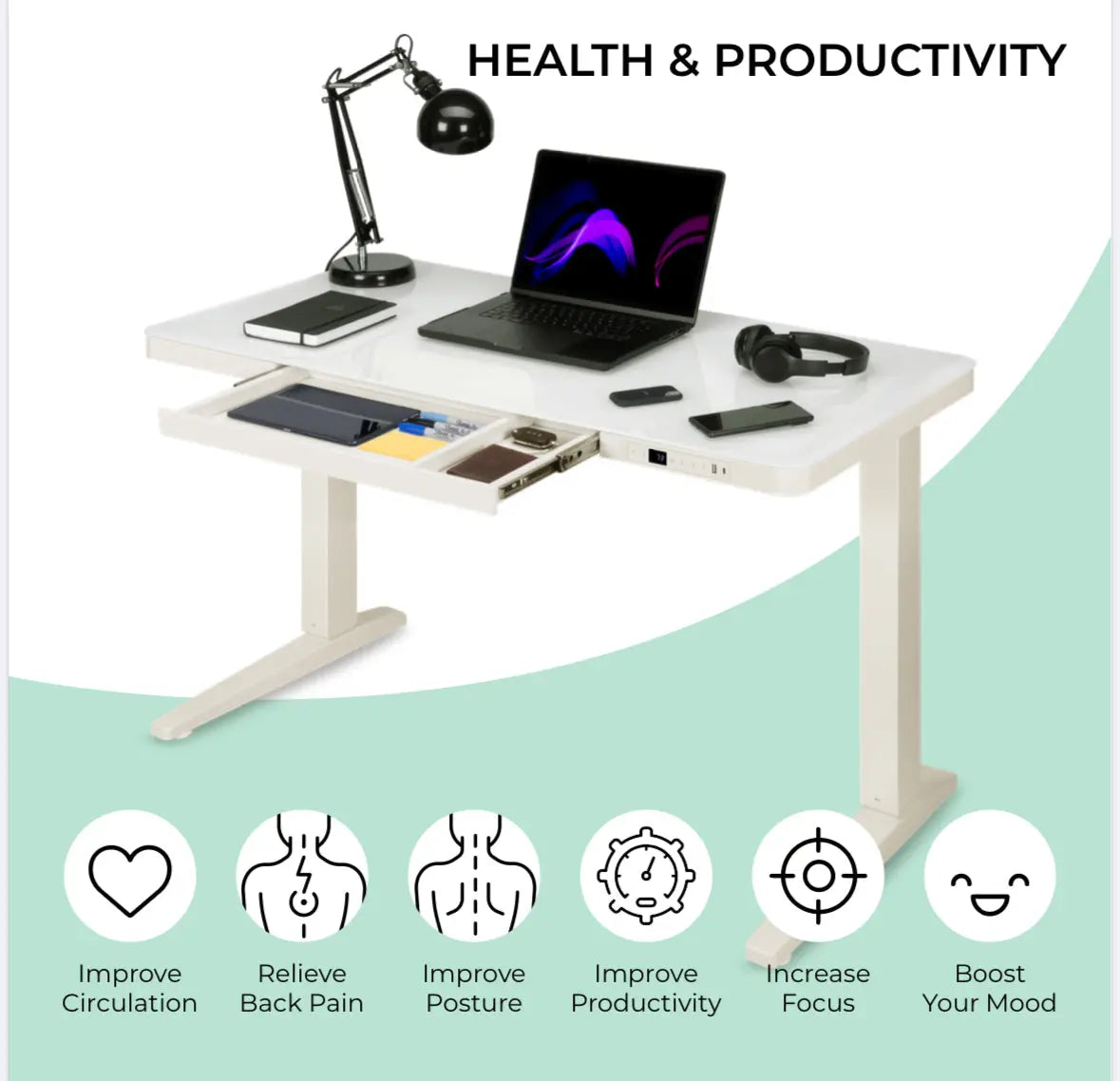 E-Max Electric Height Adjustable Desk White (Glass Top) – Purus Life Purus Life