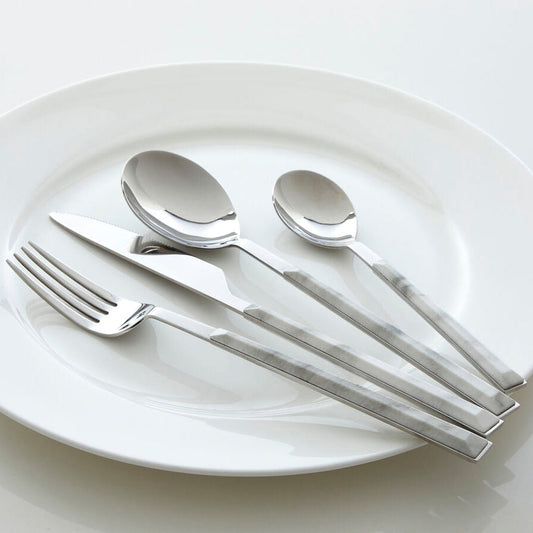 16 Piece White Faux Marble Cutlery Set | Avie