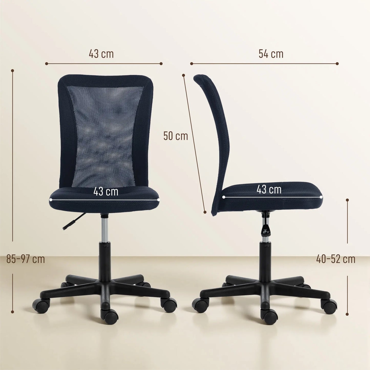 Vinsetto Computer Desk Chair, Mesh Office Chair with Adjustable Height and Swivel Wheels, Armless Study Chair, Dark Grey Wise Galleria