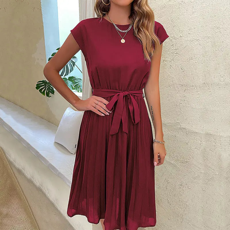 Summer Pleated Short-sleeved Dress INS Fashion Waist-tied Beach Dresse Women's Clothing Michan Direct