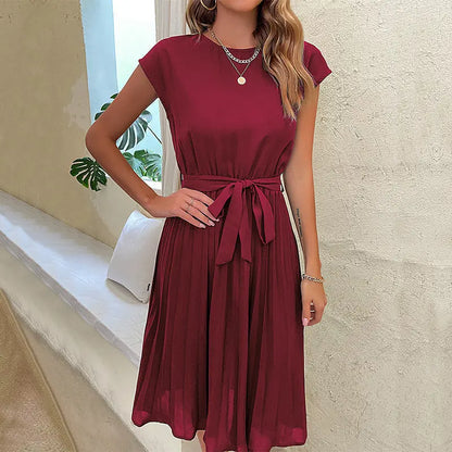 Summer Pleated Short-sleeved Dress INS Fashion Waist-tied Beach Dresse Women's Clothing Michan Direct