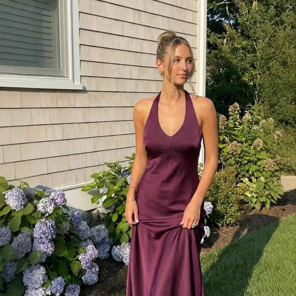 Satin V-neck Backless Bow-tied Mermaid Long Dress Michan Direct