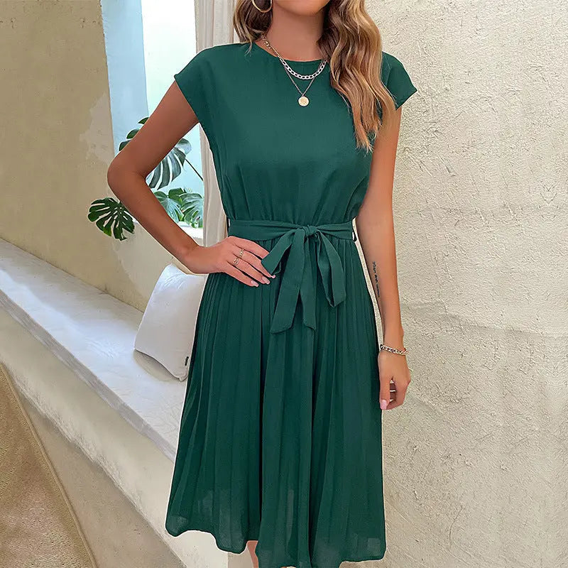 Summer Pleated Short-sleeved Dress INS Fashion Waist-tied Beach Dresse Women's Clothing Michan Direct