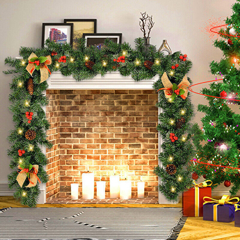 12FT Christmas Garland With Lights Door Wreath Xmas Fireplace Stairs DIY Decor