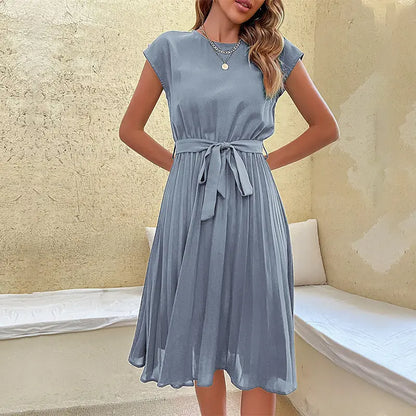 Summer Pleated Short-sleeved Dress INS Fashion Waist-tied Beach Dresse Women's Clothing Michan Direct