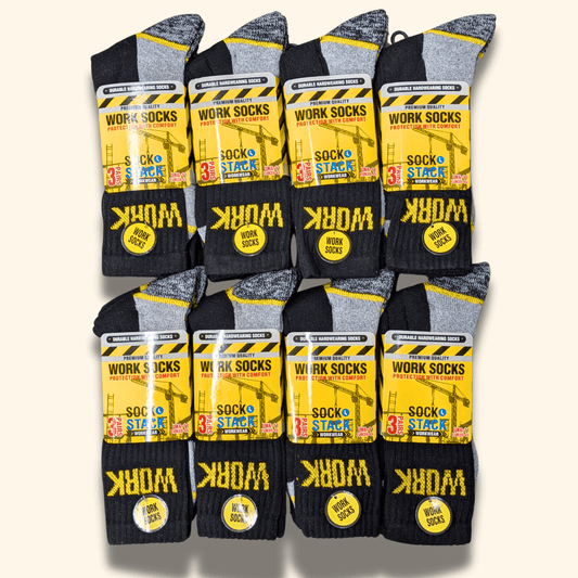 Sock Stack Mens Heavy Duty Work Socks 24 Pairs Cushion Sole Reinforced Toe And Heel Black Boot Socks EU 39-45 UK 6-11 For Construction And Outdoor Use