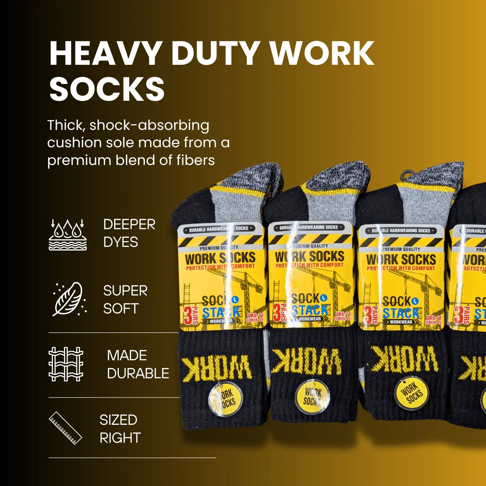 Sock Stack Mens Heavy Duty Work Socks 24 Pairs Cushion Sole Reinforced Toe And Heel Black Boot Socks EU 39-45 UK 6-11 For Construction And Outdoor Use Sock Stack