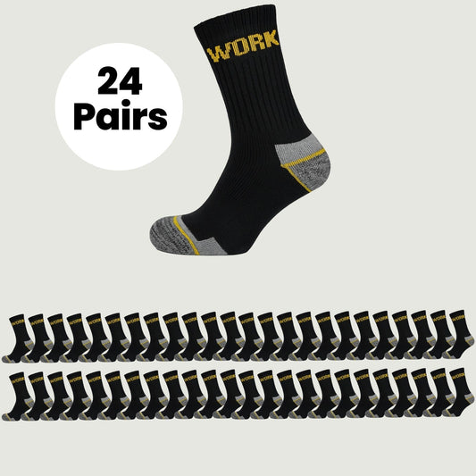 Sock Stack Mens Heavy Duty Work Socks 24 Pairs Cushion Sole Reinforced Toe And Heel Black Boot Socks EU 39-45 UK 6-11 For Construction And Outdoor Use