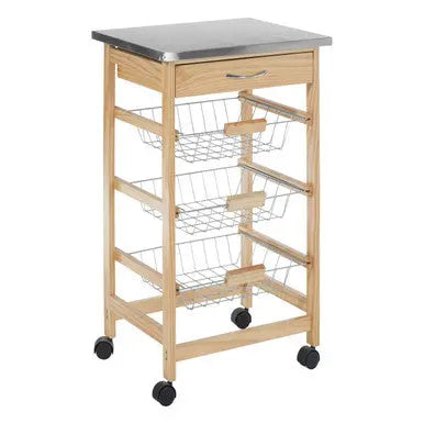 Silver Pinewood Kitchen Trolley with Drawer and Baskets Glenn | Harlow Orsina