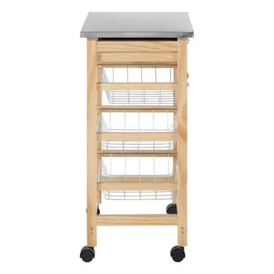 Silver Pinewood Kitchen Trolley with Drawer and Baskets Glenn | Harlow Orsina
