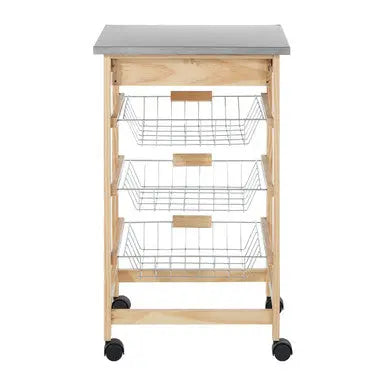 Silver Pinewood Kitchen Trolley with Drawer and Baskets Glenn | Harlow Orsina