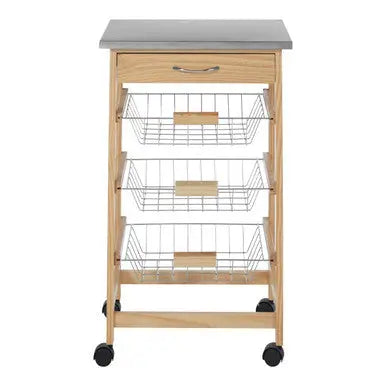 Silver Pinewood Kitchen Trolley with Drawer and Baskets Glenn | Harlow Orsina