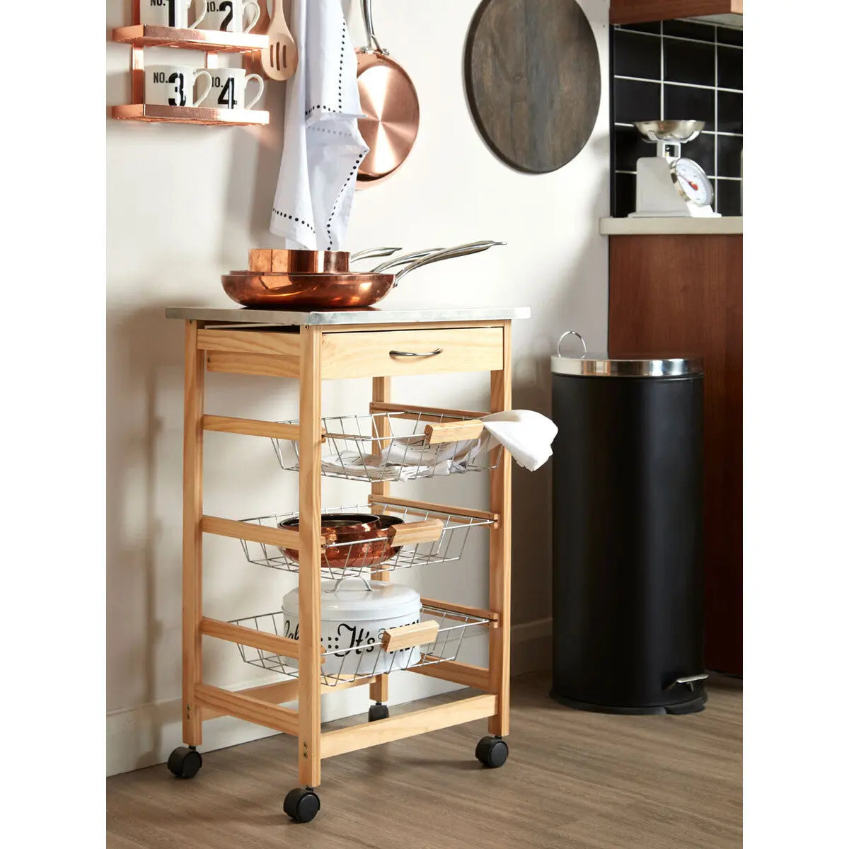 Silver Pinewood Kitchen Trolley with Drawer and Baskets Glenn | Harlow Orsina
