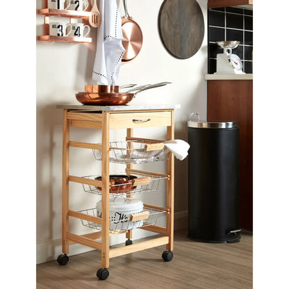 Silver Pinewood Kitchen Trolley with Drawer and Baskets Glenn | Harlow Orsina