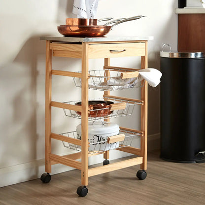 Silver Pinewood Kitchen Trolley with Drawer and Baskets Glenn | Harlow Orsina