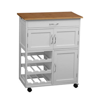 Harlow White 1 Drawer Kitchen Trolley with Bamboo Top and Cupboard