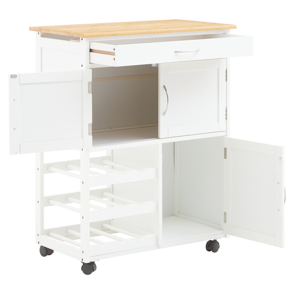 Harlow White 1 Drawer Kitchen Trolley with Bamboo Top and Cupboard