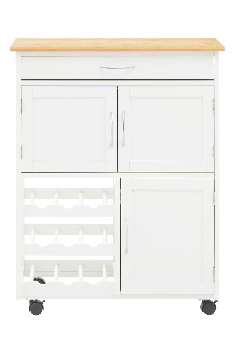 Harlow White 1 Drawer Kitchen Trolley with Bamboo Top and Cupboard