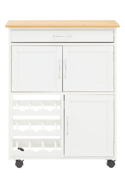 Harlow White 1 Drawer Kitchen Trolley with Bamboo Top and Cupboard