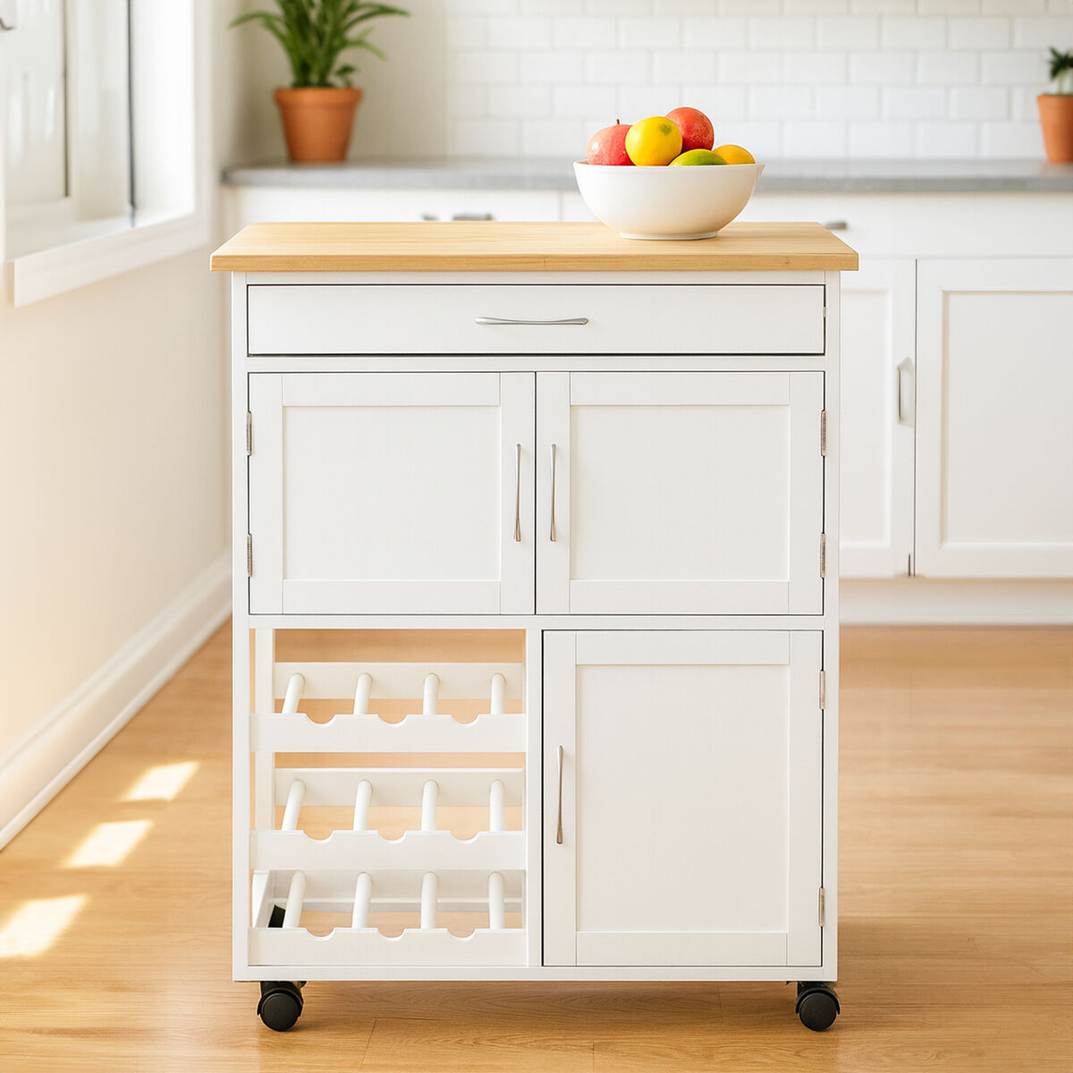 Harlow White 1 Drawer Kitchen Trolley with Bamboo Top and Cupboard