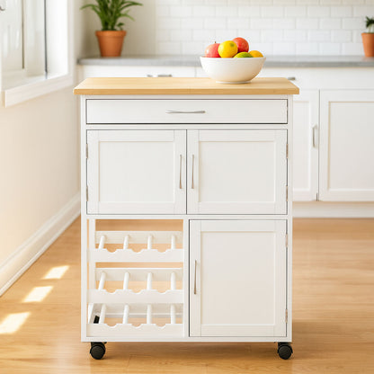 Harlow White 1 Drawer Kitchen Trolley with Bamboo Top and Cupboard