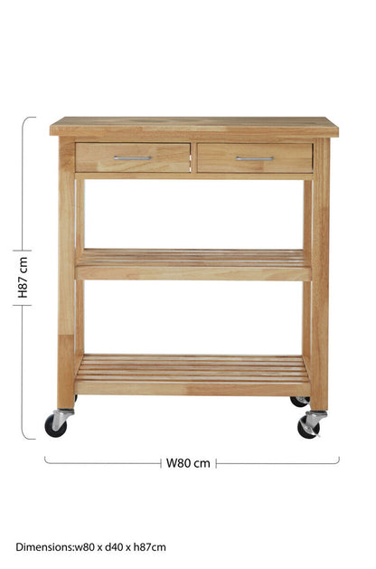 Harlow Natural Tropical Hevea Wood 2 Drawer Kitchen Trolley