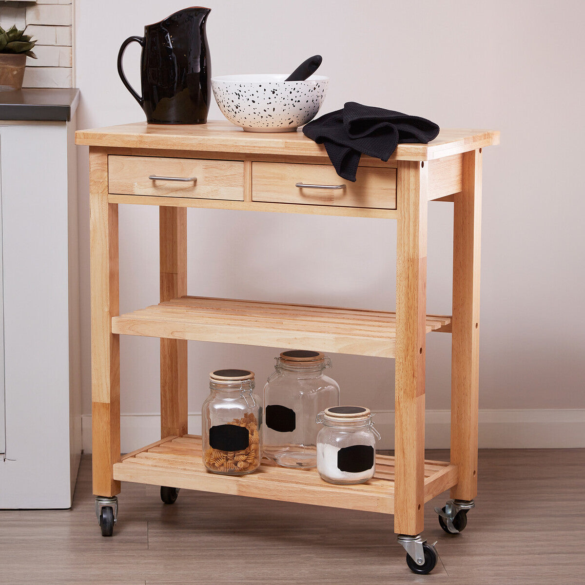 Harlow Natural Tropical Hevea Wood 2 Drawer Kitchen Trolley