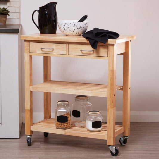 Harlow Natural Tropical Hevea Wood 2 Drawer Kitchen Trolley