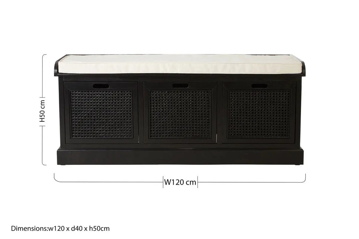 Heritage Black Three Drawer Storage Bench with Cushion Orsina
