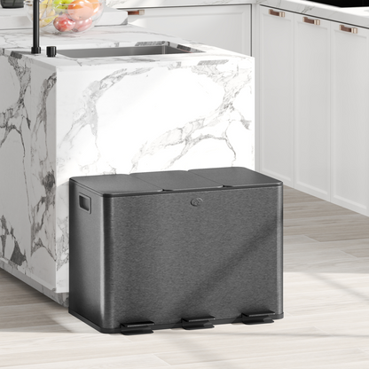HOMCOM 3 x 20L Triple Kitchen Bin Pedal Bin for Recycling and Waste, Black