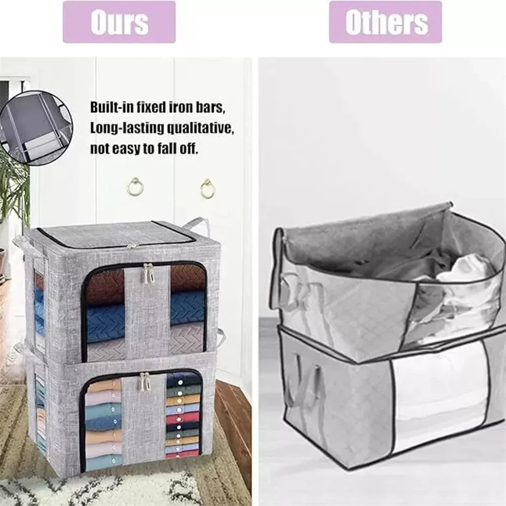 3 Pack Large Grey Home Clothes Storage Box 66L - Foldable Boxes Zipped Organiser