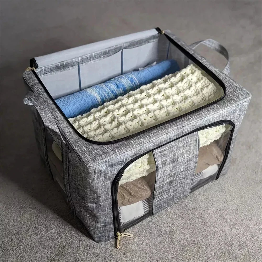 3 Pack Large Grey Home Clothes Storage Box 66L - Foldable Boxes Zipped Organiser