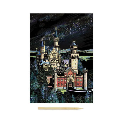 Fantasy castle illustration with a starry night sky