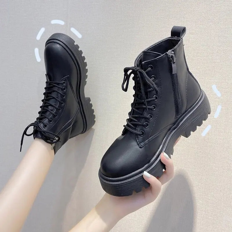 Trendy Korean Black All Match Thick Soled Motorcycle Boots Michan Direct