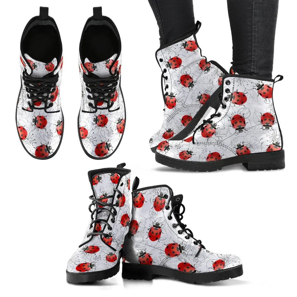 Women's High Help Combat Boots Seven Star Ladybird Cute Cartoon British Work Clothes Boots Michan Direct