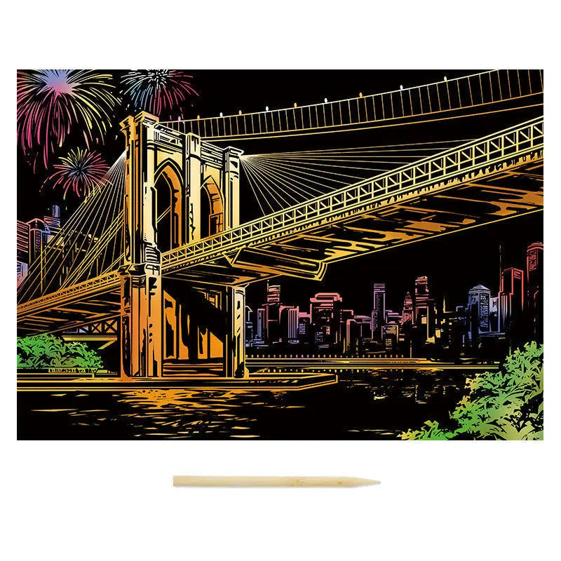Colorful Scratch Art of a bridge and city skyline with fireworks